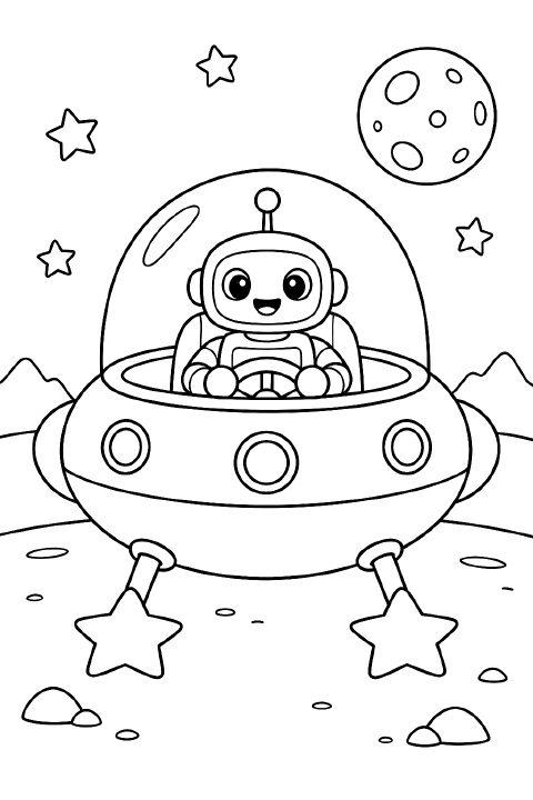A cartoon spaceship has a round body, a large front window showing a smiling robot pilot, two side fins, and two star-shaped landing feet.