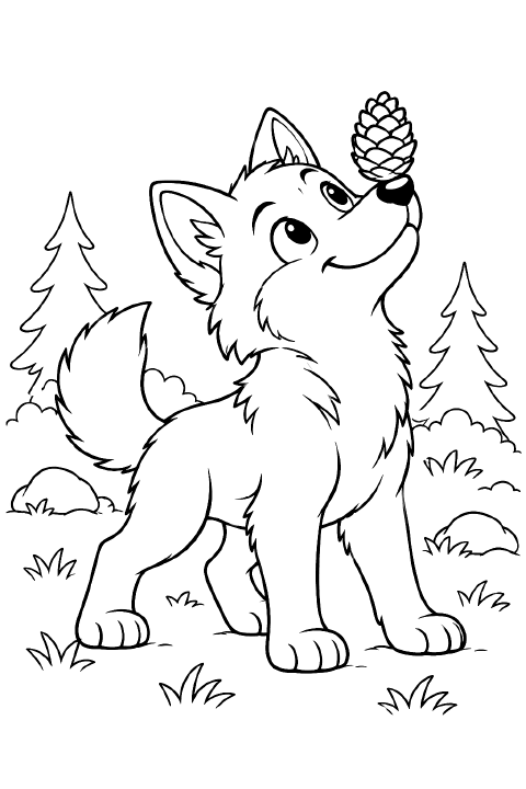A smiling cartoon wolf pup sits with a bushy tail curled beside its paws and a large pinecone balanced on its nose.