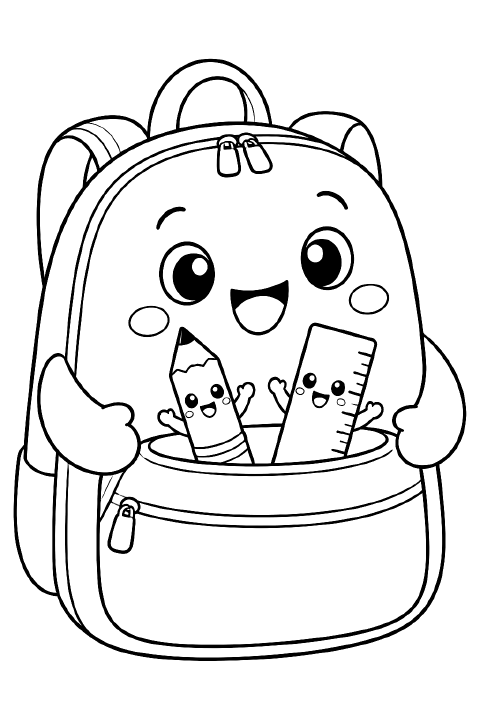 A round backpack with a smiling face, two shoulder straps, and an open front pocket holding a small smiling pencil and ruler.