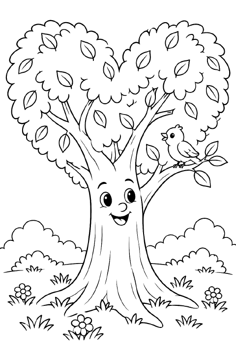 A smiling tree with a heart-shaped leafy crown, a thick trunk, and a small bird perched on one branch, with a few tufts of grass at its roots.
