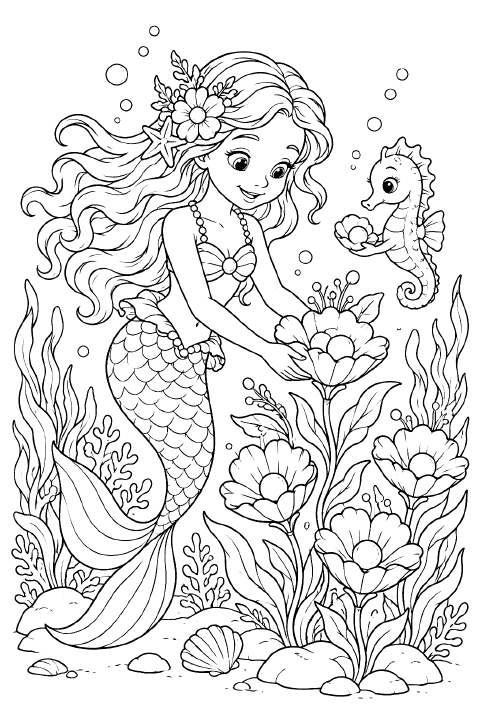 A smiling mermaid with a scalloped tail kneels beside flowers with shell-shaped petals and pearl centers. She holds a small shell scoop while a seahorse carries a basket of pearls beside curling seaweed and rounded rocks.