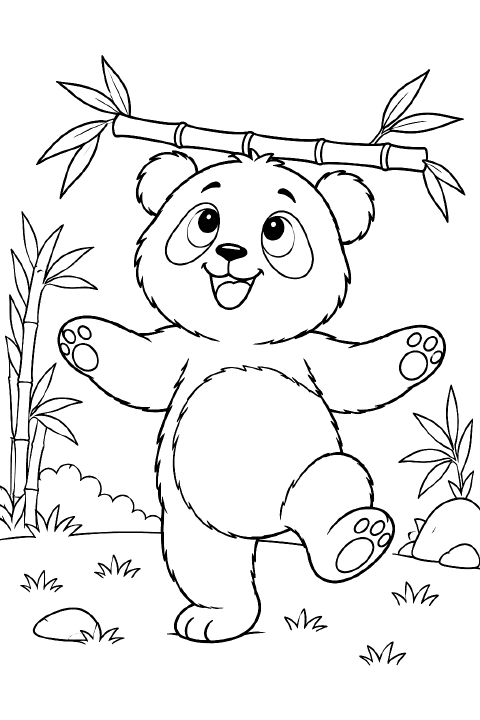 A smiling cartoon panda cub sits with its paws raised, balancing a single bamboo stalk with three large leaves across the top of its head.