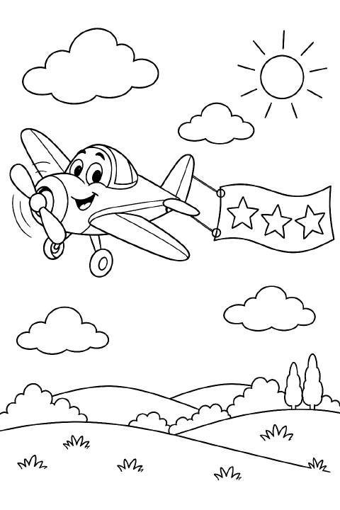 A cartoon propeller airplane with rounded wings and a smiling face tows a long banner with three large stars through two fluffy clouds.