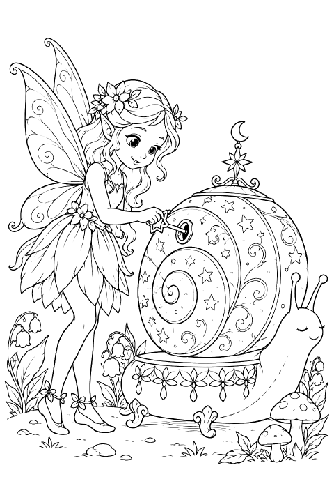 A fairy with pointed shoes and patterned wings turns a star-shaped key on a large spiral snail-shell music box. Small bells hang inside the shell opening, and musical notes float above it.