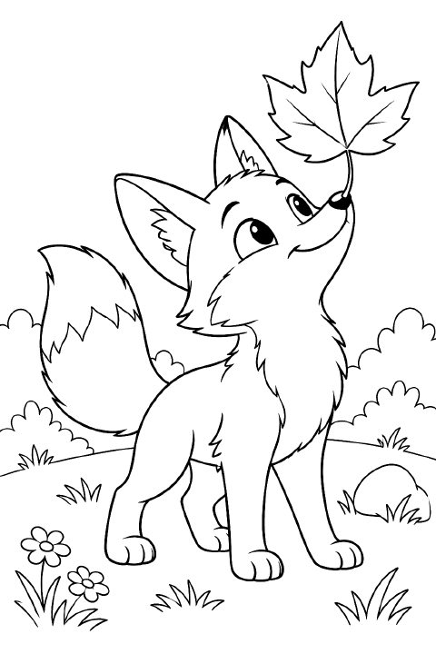 A cartoon fox cub sits with a broad leaf balanced on its nose, pointed ears, large eyes, and a fluffy tail curled beside its paws.