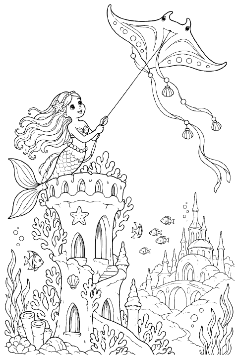 A mermaid with a curled, scaled tail sits on a coral tower, holding a string attached to a manta ray-shaped kite with ribbon streamers. Bubbles and small fish surround her.