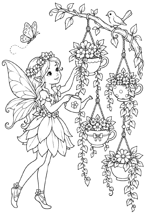 A fairy with leaf-shaped wings stands on a tree branch and waters flowers in three teacups hanging from vines. Each cup has a different pattern, and a snail rests beside the fairy's feet.