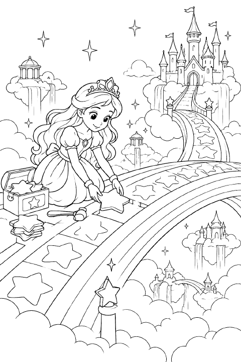 A princess wearing a crown and a patterned dress kneels on an arched rainbow bridge, placing a star-shaped tile into a gap. A basket of extra tiles sits beside her, and castle towers rise from clouds below.