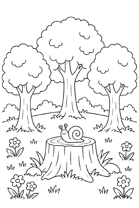 A cartoon snail sits on a wide tree stump in a forest clearing surrounded by three trees with rounded leafy canopies and a few tufts of grass.