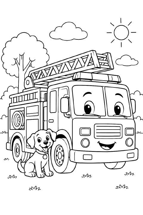 A cartoon fire truck with two large wheels, a folded ladder on top, a coiled hose on its side, and a smiling puppy sitting beside the front wheel.