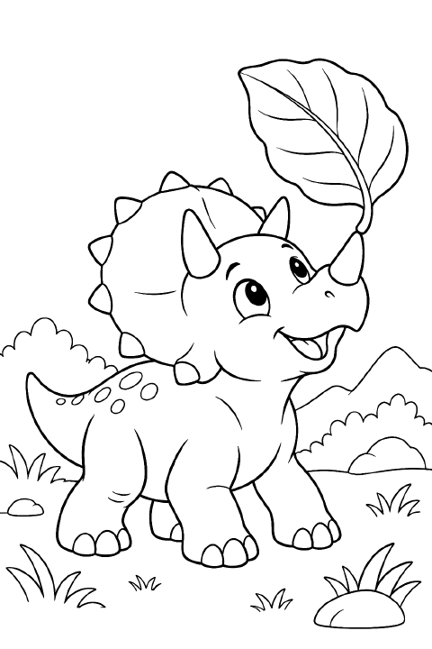 A smiling cartoon baby triceratops stands on four short legs with a large leaf balanced on its nose horn, a rounded frill behind its head, and a small curved tail.