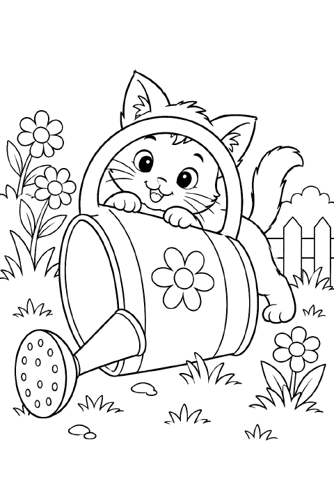 A cartoon kitten peeks through the large handle of a tipped-over watering can, with one front paw resting on the can and its tail curled upward.