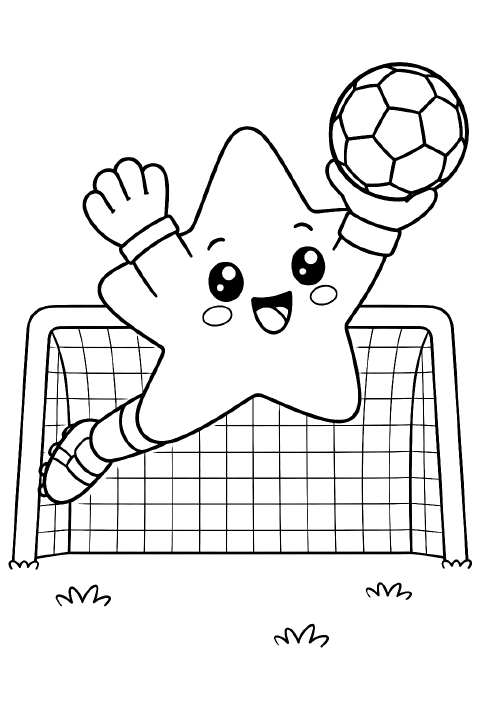 A smiling five-pointed star wearing goalkeeper gloves and sneakers catches a soccer ball in front of a small goal with a simple net.