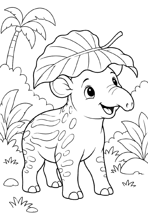 A cartoon baby tapir with rounded ears, a short trunk, and simple spots and stripes stands beneath a large leaf balanced on its head, with two small plants beside its feet.