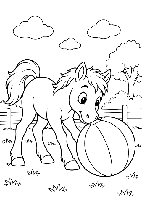 A smiling cartoon horse with a short mane nudges a large striped ball with its nose, standing on a small patch of grass.
