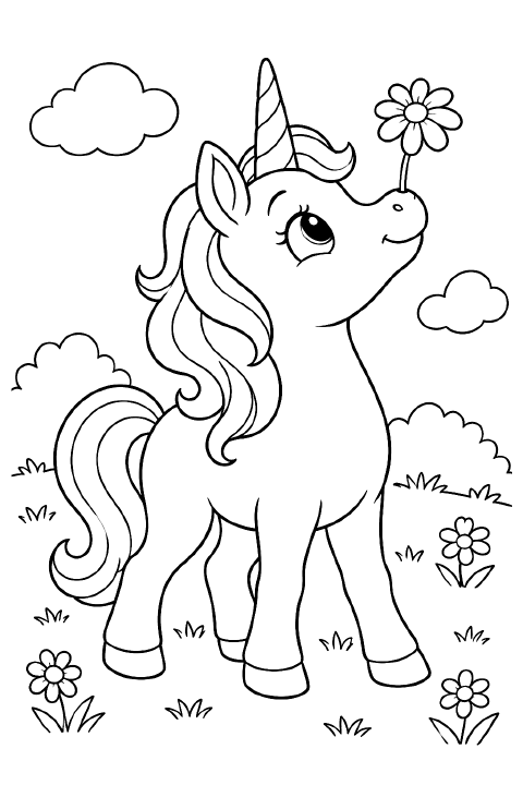 A smiling baby unicorn sits with its front hooves together, balancing a large daisy on its upturned nose. It has a short spiral horn, a curly mane, and a rounded tail.