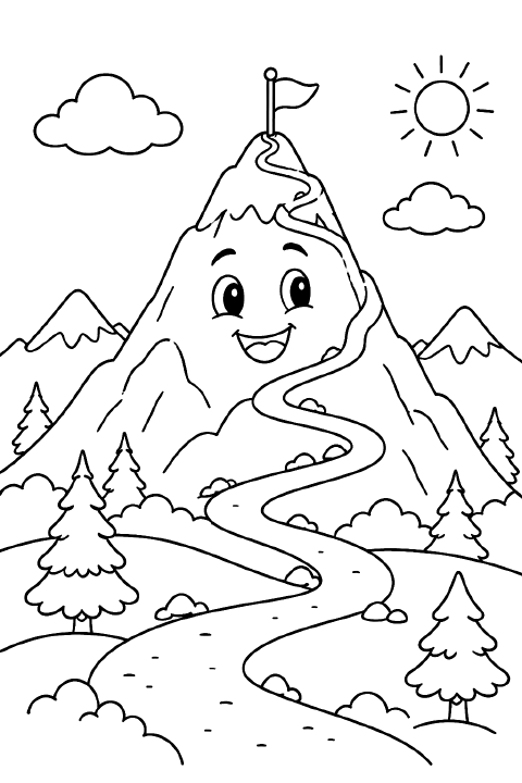 A smiling mountain with a wide zigzag trail leading to a small flag at its peak, two rounded clouds overhead, and three rocks at its base.