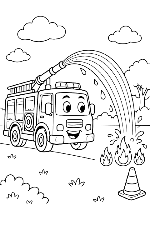 A cartoon fire truck with large wheels and a roof-mounted hose sprays an arc of water onto three small flames beside a traffic cone.