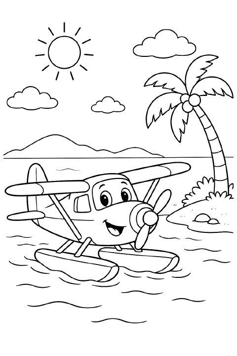 A smiling cartoon seaplane with two floats rests on gentle waves beside a small island with one palm tree. Two fluffy clouds appear overhead.