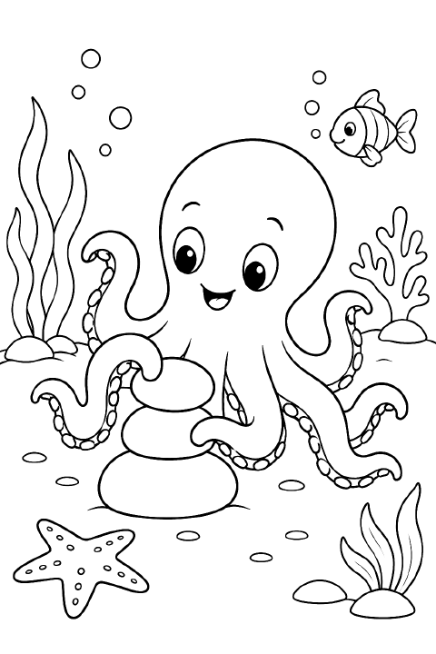 A smiling cartoon octopus uses one curled arm to place a pebble on top of two stacked pebbles, with bubbles overhead and a small patch of seaweed beside it.