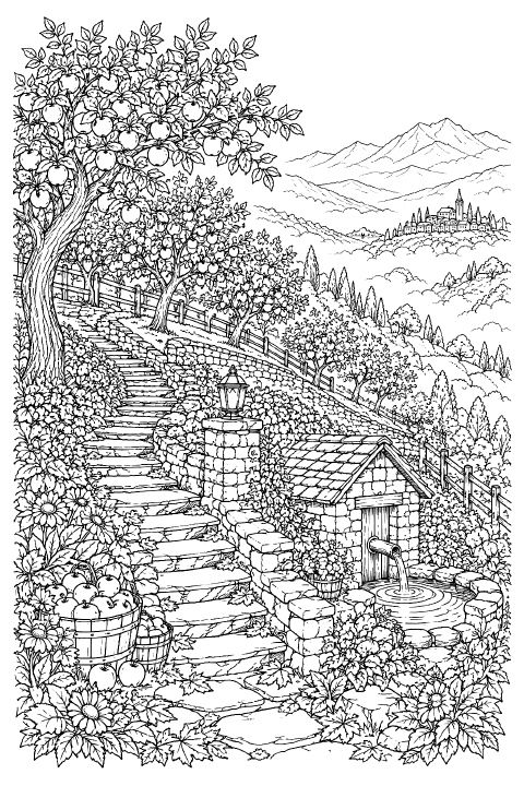 Intricate drawing of an autumn orchard arranged on hillside terraces, with apple trees, fallen leaves, woven harvest baskets, and a winding stone stairway leading past a small springhouse toward a valley of fields and wooded ridges.