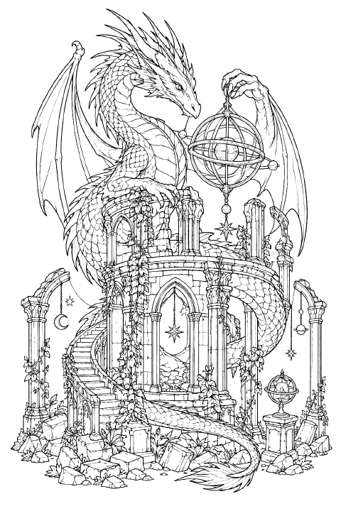 A horned dragon coils around the broken pillars of a Gothic observatory, with one claw resting on a suspended armillary sphere. Its wings frame pointed arches, while its tail winds past cracked star charts, ivy, and fallen stone carvings.