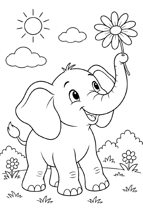 A smiling cartoon baby elephant with large floppy ears balances a single big daisy on the tip of its raised trunk.