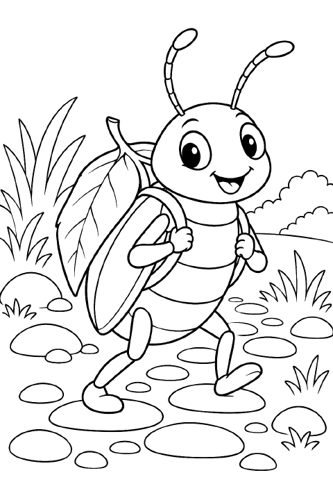 A smiling cartoon beetle with six legs and two antennae wears a leaf-shaped backpack while standing on a path of three large pebbles beside a tuft of grass.