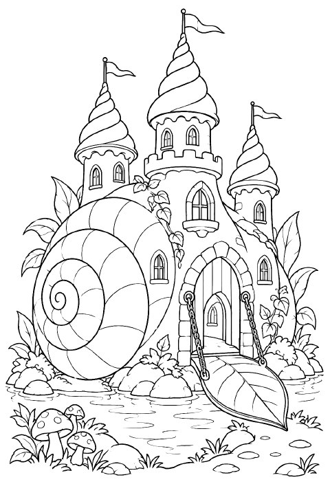 A castle built into a giant snail shell has three spiral towers, arched windows, and a leaf drawbridge over a narrow moat. Mushrooms line the path, and flags fly from the tower tops.