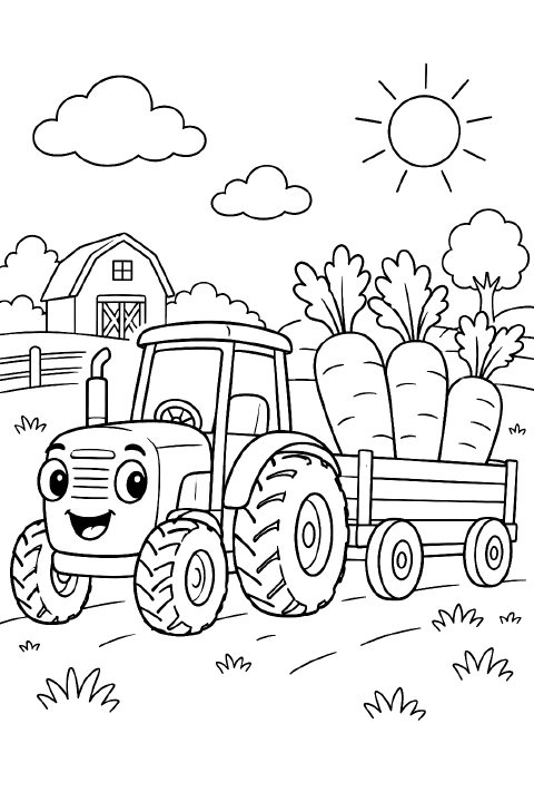 A cartoon farm tractor with a large rear wheel and a small front wheel pulls a two-wheeled wagon holding three oversized carrots with leafy tops.