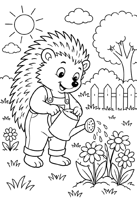 A smiling cartoon hedgehog wearing overalls waters a row of daisies with a small watering can. A flowerpot and a trowel sit beside the hedgehog.