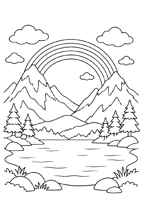 Two rounded mountains with snowcaps stand behind a small oval lake, with a wide rainbow arching between their peaks and two fluffy clouds overhead.