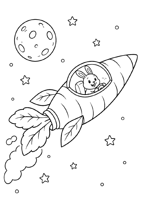 A carrot-shaped spaceship with two round windows and three leafy tail fins flies past a small cratered moon, with four stars around it.