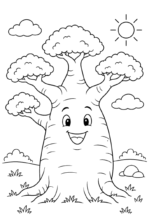 A cartoon baobab tree with a wide trunk, a smiling face, five rounded clusters of leaves, and two tufts of grass at its base.