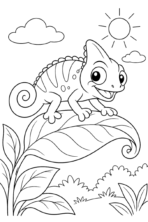 A smiling cartoon chameleon with a curled tail and four short legs stands on a large leaf with a curled tip.