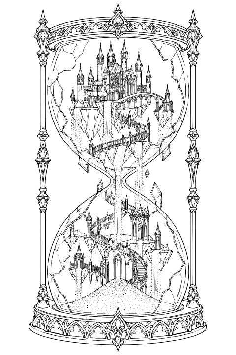 A Gothic castle fills the lower chamber of a giant broken hourglass, with pointed towers rising through the narrow neck, spiral bridges winding around falling sand, and ornate balconies overlooking dunes dotted with tiny staircases.