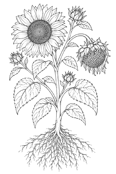 A branching sunflower plant with a front-facing bloom of layered petals and spiraling seeds, a drooping mature seed head, two unopened buds, serrated veined leaves, and exposed branching roots.