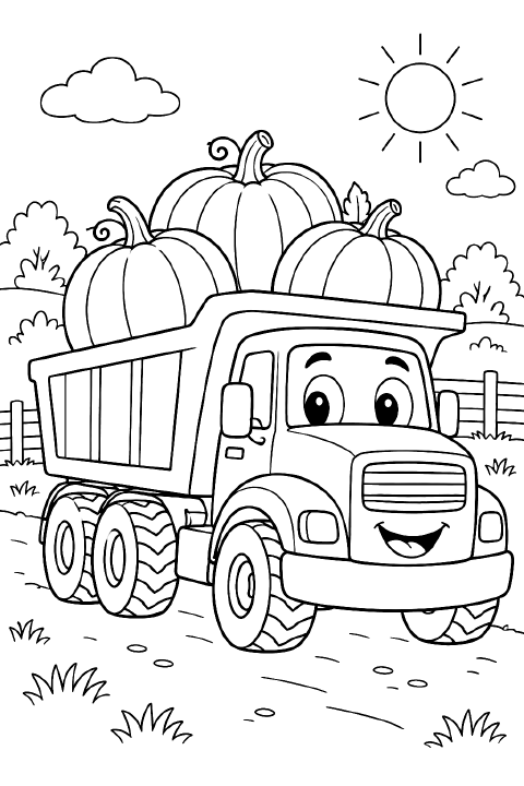 A classic cartoon dump truck with large wheels and a smiling grille carries three oversized pumpkins in its open bed along a farm path.