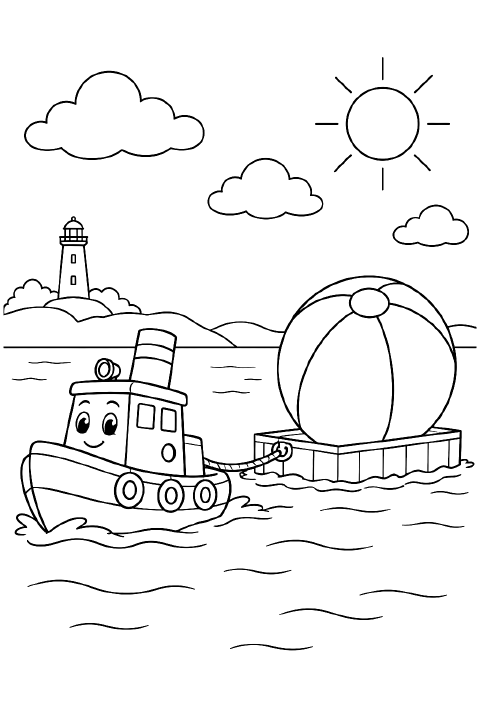 A cartoon tugboat with a rounded cabin and short smokestack tows a flat barge carrying one giant striped beach ball across gentle waves.