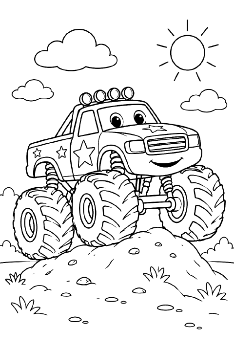 A cartoon monster truck with oversized tires, a star on its door, and stars on its hood rolls over a low dirt mound.
