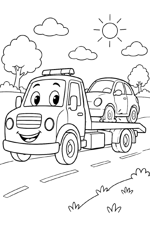 A cartoon tow truck with a smiling face carries a small car with one flat tire on its flatbed.
