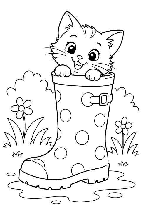 A smiling cartoon kitten peeks out of a large rain boot with its front paws resting on the rim and its tail curling over one side. The boot has a large star on its side.