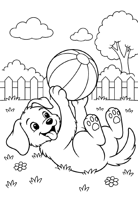 A cartoon puppy lies on its back with floppy ears spread out, a spotted belly, and a large striped ball held between its raised front paws.