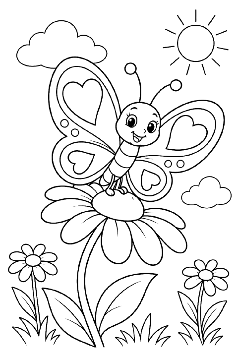 A smiling cartoon butterfly with heart-shaped markings on its four rounded wings perches on a curved stem beside a daisy flower and two leaves.