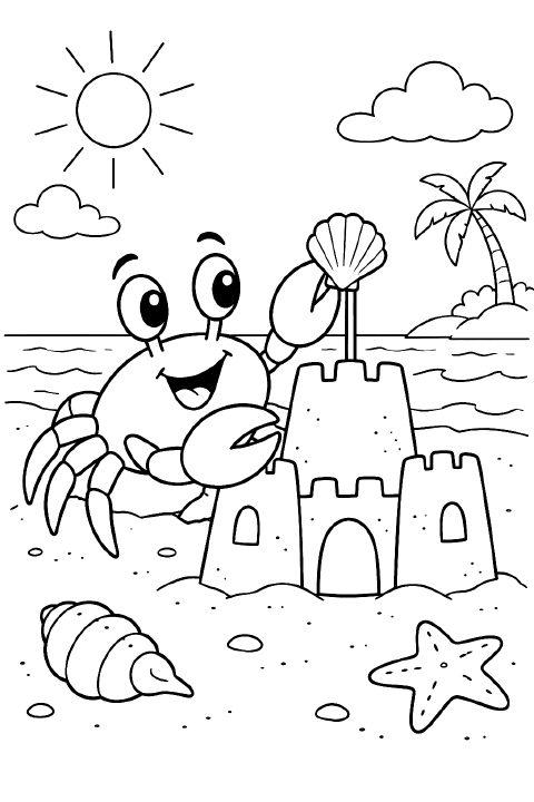 A smiling cartoon crab pats a small sandcastle with one claw and holds a shovel in the other. A seashell tops a stick on the castle, with a bucket and two small sand piles nearby.