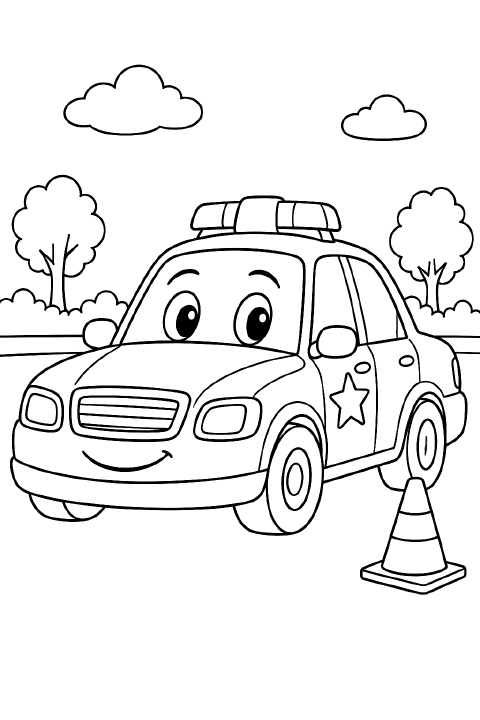 A classic cartoon police car with large wheels, a star badge on its door, and a rooftop light bar is parked beside one traffic cone.