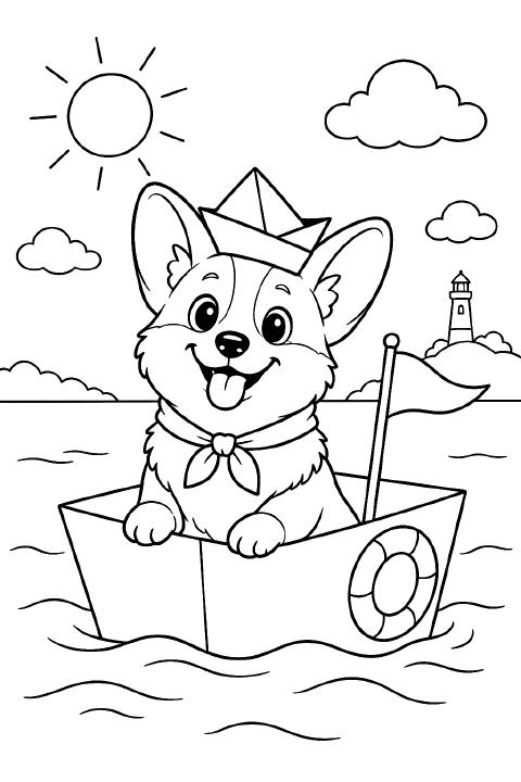 A smiling cartoon corgi wearing a folded paper sailor hat sits in a cardboard boat with a large anchor drawn on its side.