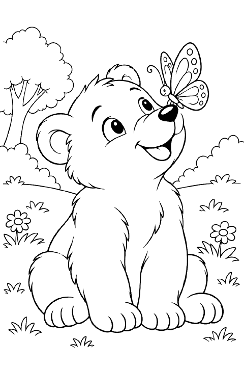 A smiling cartoon bear cub sits with its paws beside its feet and a butterfly perched on its nose.