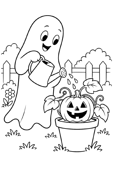 A smiling cartoon ghost holds a watering can over a jack-o’-lantern with two leaves growing in a round flowerpot. Three large water drops fall from the spout.