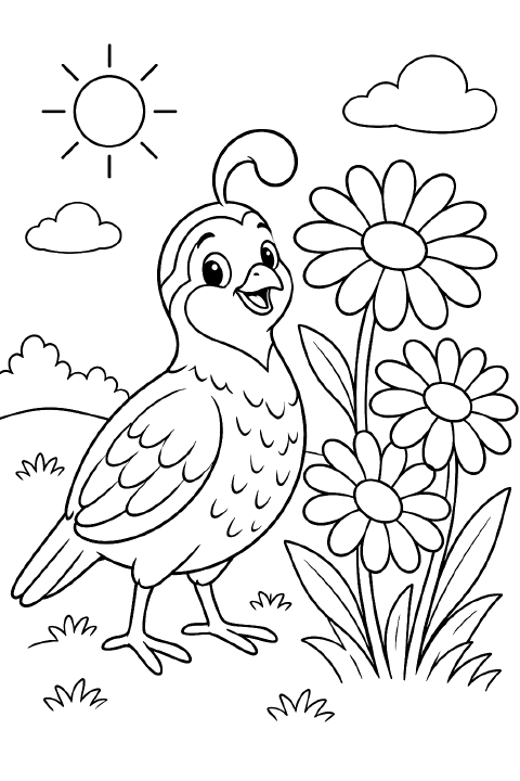 A smiling cartoon quail with a curled head feather, a rounded wing, and two short legs stands beside three large daisies.